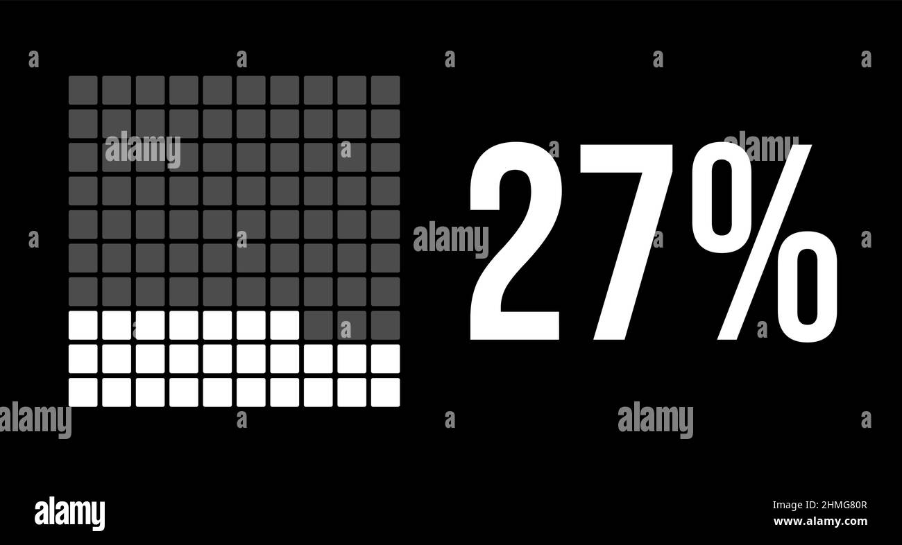 27 percent diagram, twenty-seven percentage vector infographic. Rounded rectangles forming a square chart. White color on black background. Stock Vector