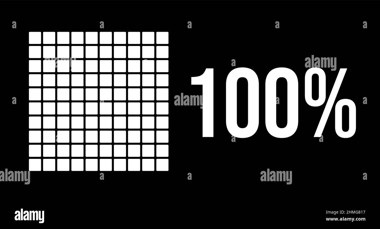 100 percent diagram, hundred percentage vector infographic. Rounded rectangles forming a square chart. White color on black background. Stock Vector