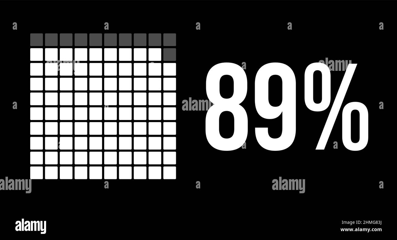 89 percent diagram, eighty-nine percentage vector infographic. Rounded rectangles forming a square chart. White color on black background. Stock Vector