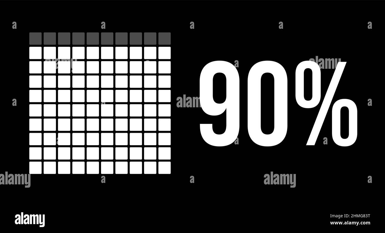 90 percent diagram, ninety percentage vector infographic. Rounded rectangles forming a square chart. White color on black background. Stock Vector