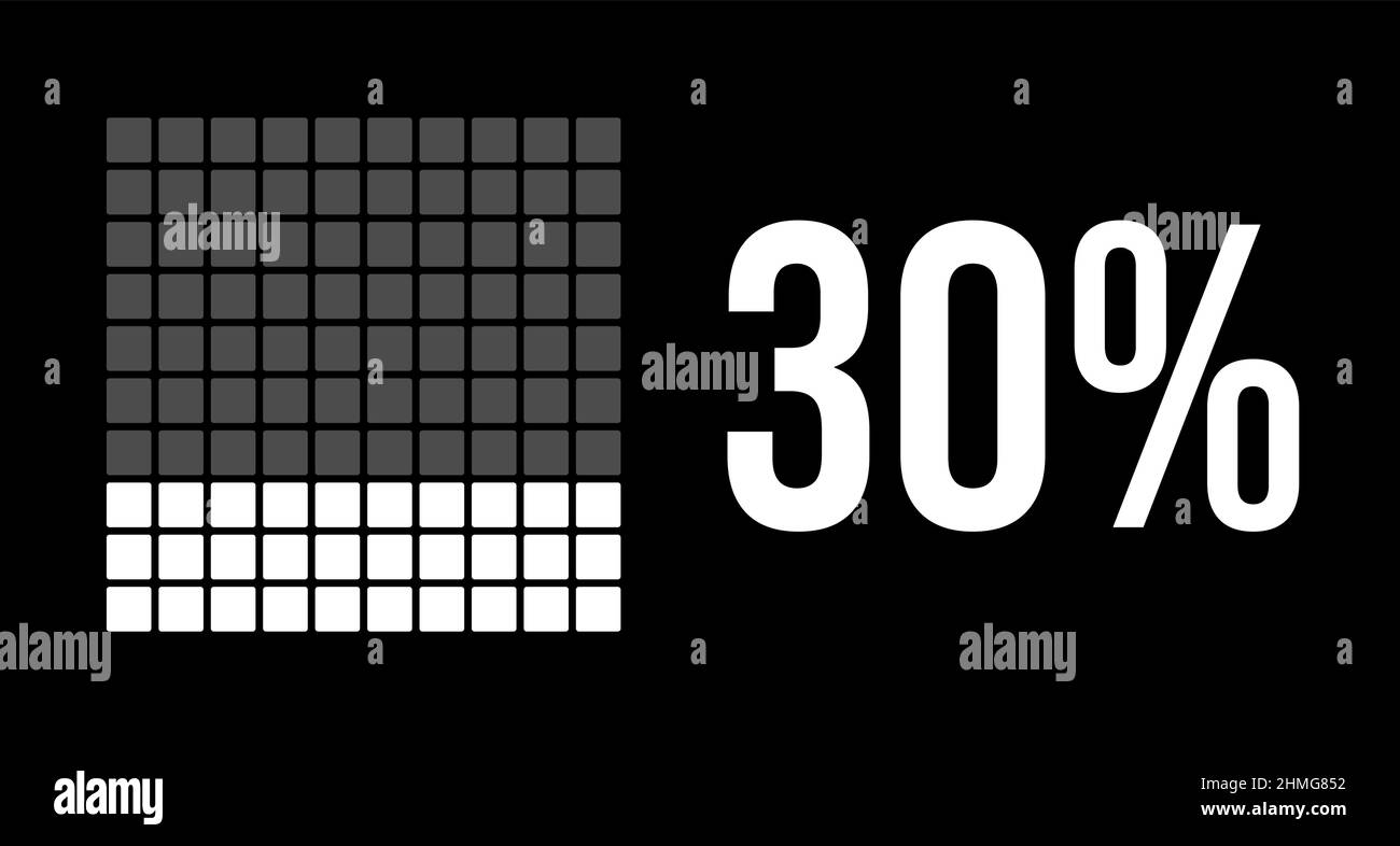 30 percent diagram, thirty percentage vector infographic. Rounded rectangles forming a square chart. White color on black background. Stock Vector