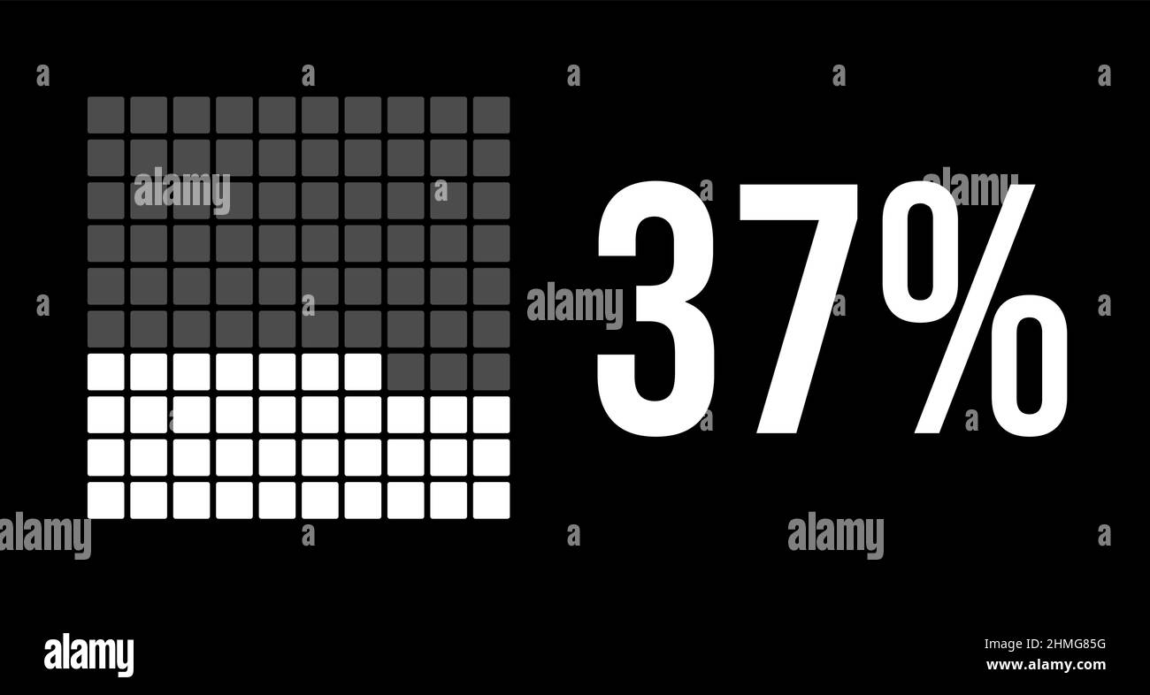 37 percent diagram, thirty-seven percentage vector infographic. Rounded rectangles forming a square chart. White color on black background. Stock Vector