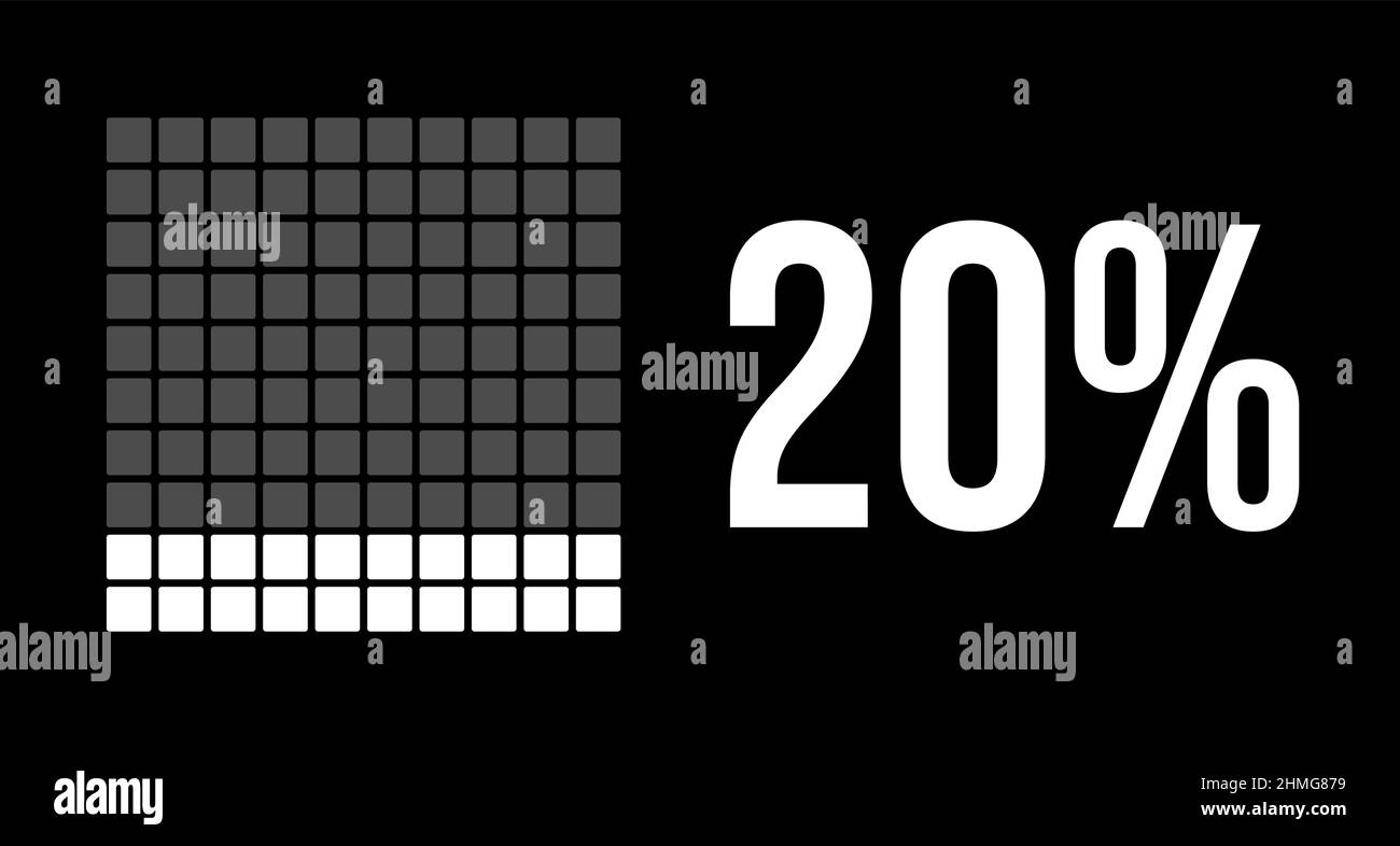 20 percent diagram, twenty percentage vector infographic. Rounded rectangles forming a square chart. White color on black background. Stock Vector