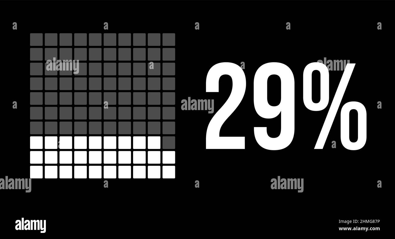 29 percent diagram, twenty-nine percentage vector infographic. Rounded rectangles forming a square chart. White color on black background. Stock Vector