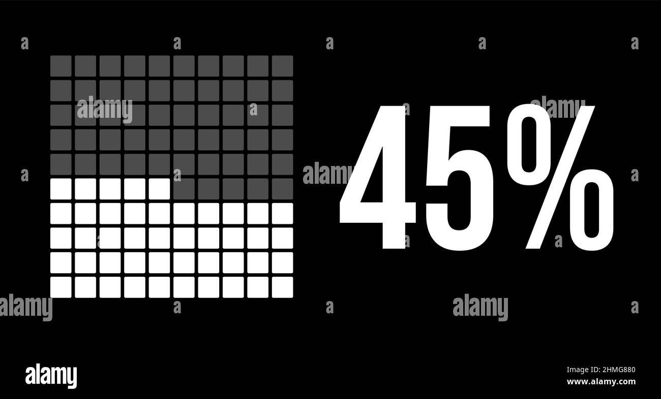 45 percent diagram, forty five percentage vector infographic. Rounded rectangles forming a square chart. White color on black background. Stock Vector