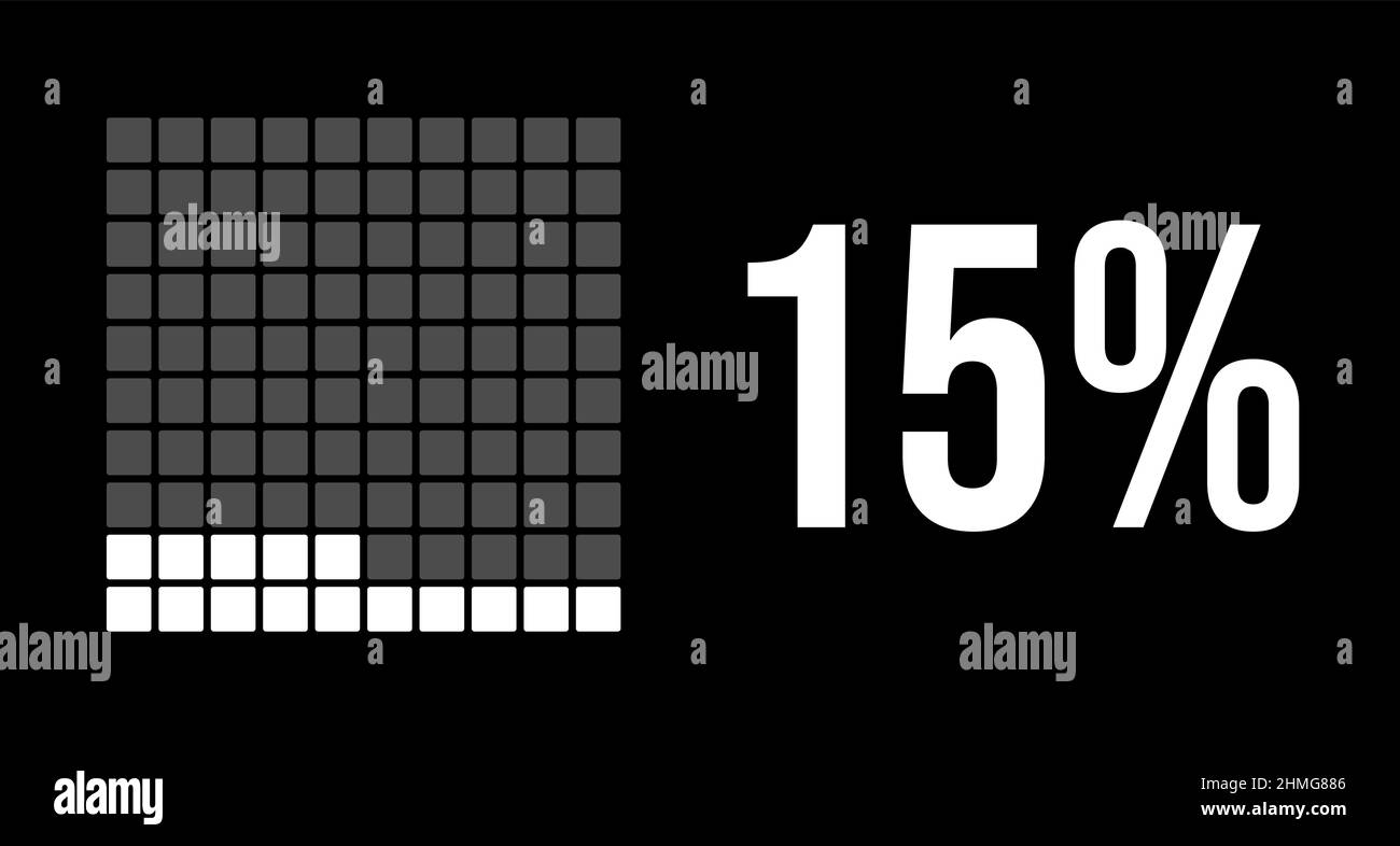 15 percent diagram, fifteen percentage vector infographic. Rounded rectangles forming a square chart. White color on black background. Stock Vector