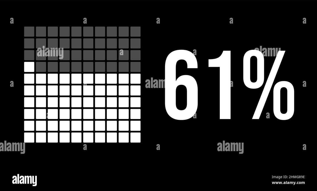 61 percent diagram, sixty-one percentage vector infographic. Rounded rectangles forming a square chart. White color on black background. Stock Vector