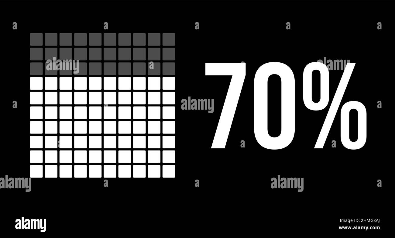 70 percent diagram, seventy percentage vector infographic. Rounded rectangles forming a square chart. White color on black background. Stock Vector