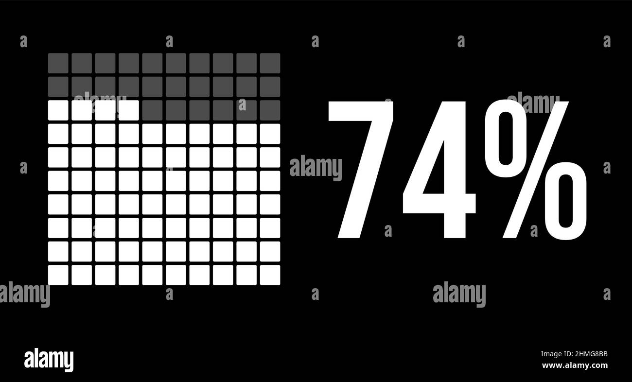 74 percent diagram, seventy-four percentage vector infographic. Rounded rectangles forming a square chart. White color on black background. Stock Vector
