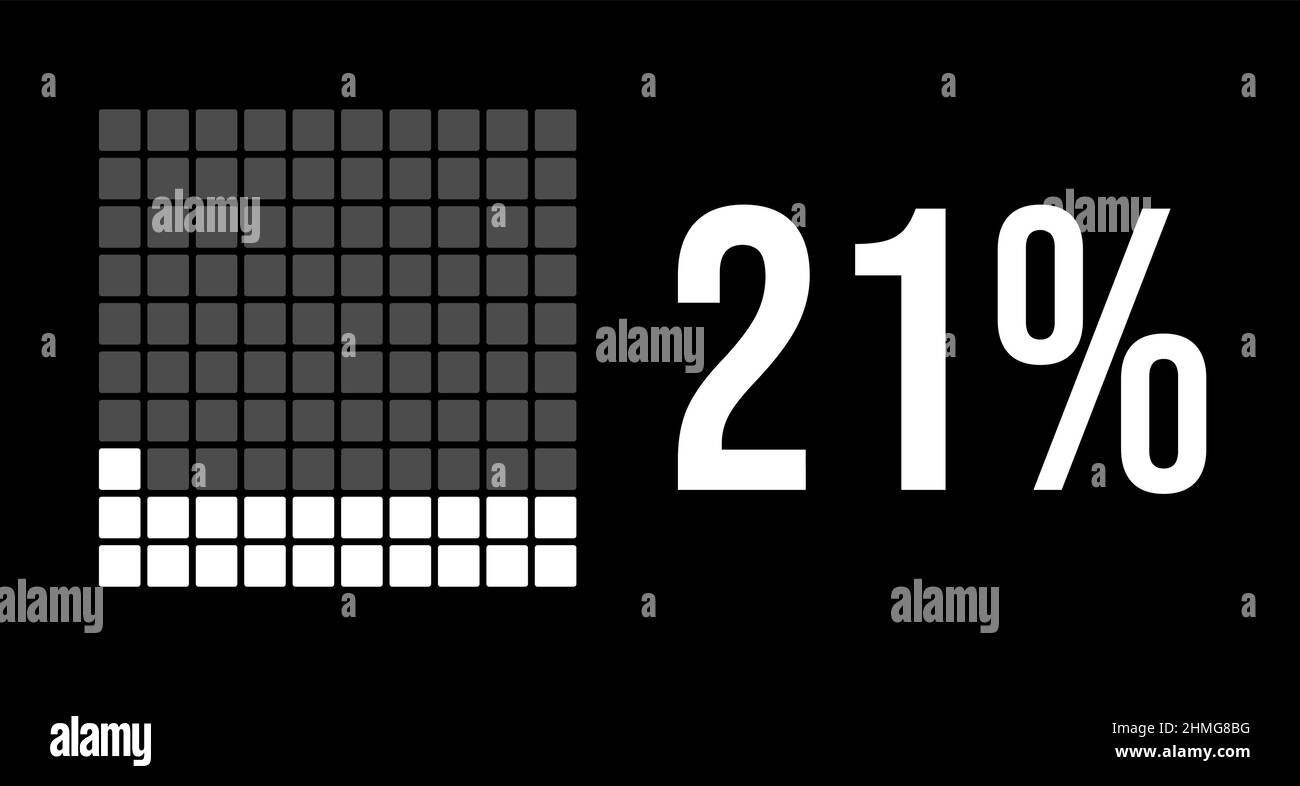 21 percent diagram, twenty-one percentage vector infographic. Rounded rectangles forming a square chart. White color on black background. Stock Vector