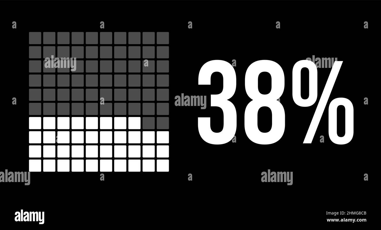 38 percent diagram, thirty-eight percentage vector infographic. Rounded rectangles forming a square chart. White color on black background. Stock Vector