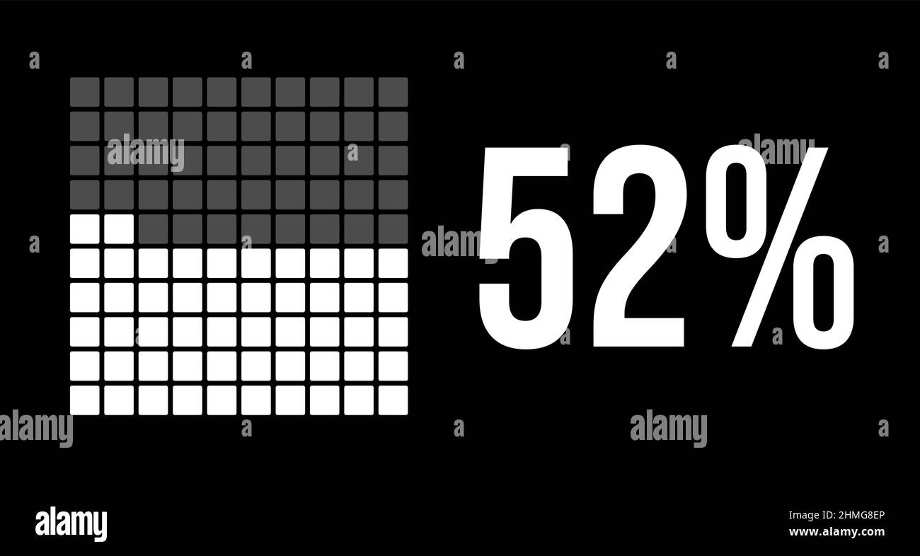 52 percent diagram, fifty-two percentage vector infographic. Rounded rectangles forming a square chart. White color on black background. Stock Vector