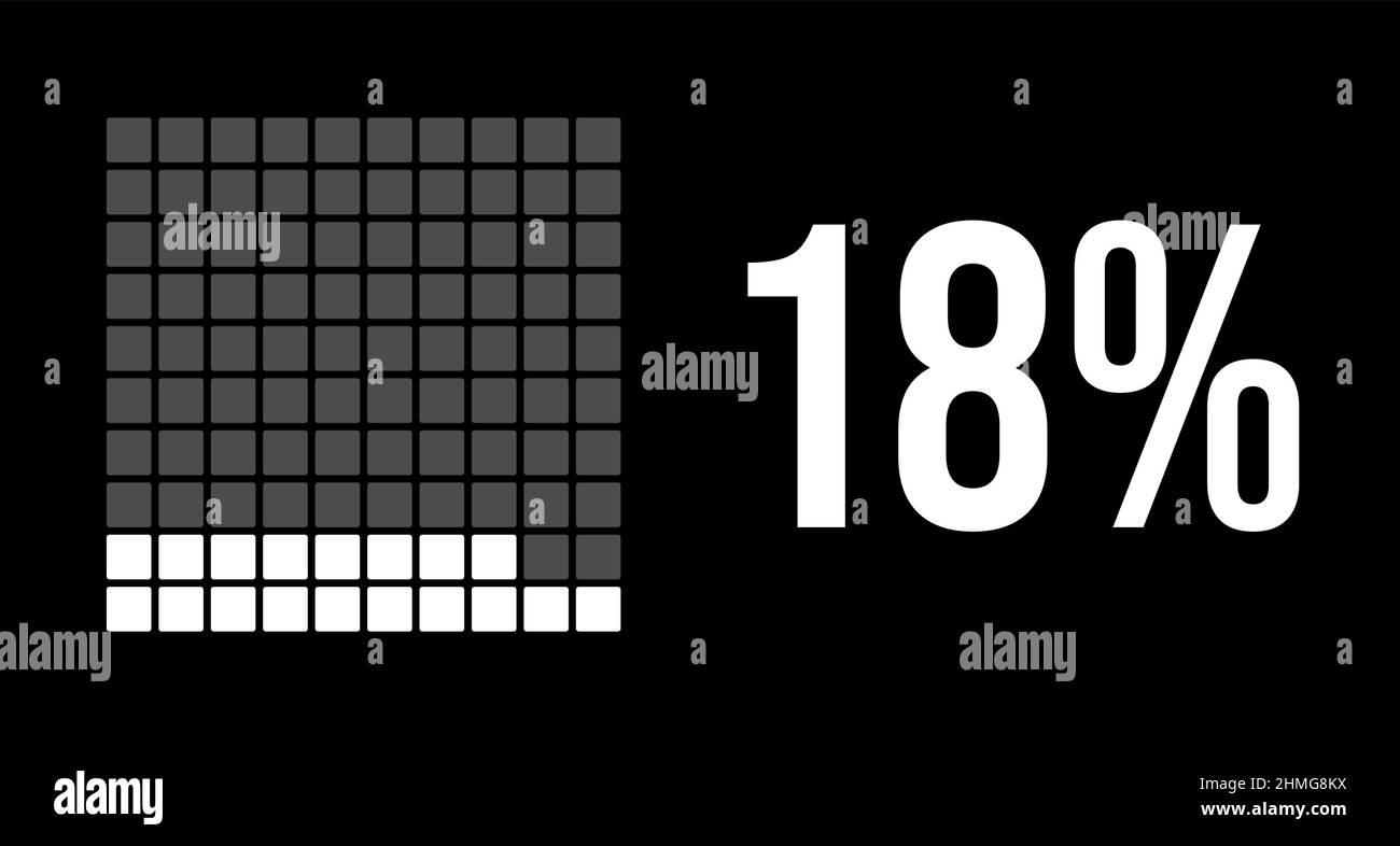 18 percent diagram, eighteen percentage vector infographic. Rounded rectangles forming a square chart. White color on black background. Stock Vector