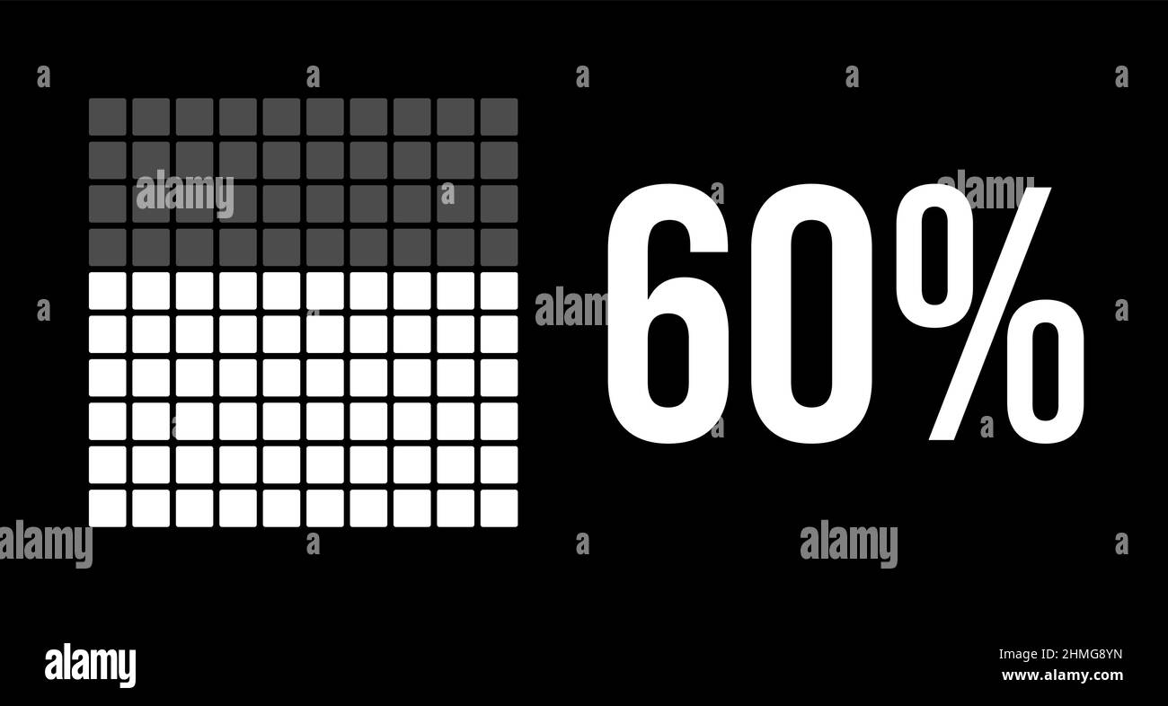 60 percent diagram, sixty percentage vector infographic. Rounded rectangles forming a square chart. White color on black background. Stock Vector