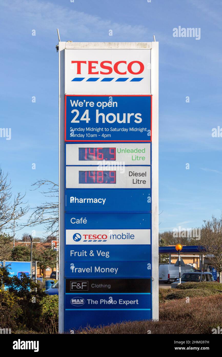 Sign for Tesco superstore with petrol and diesel prices, Martlesham