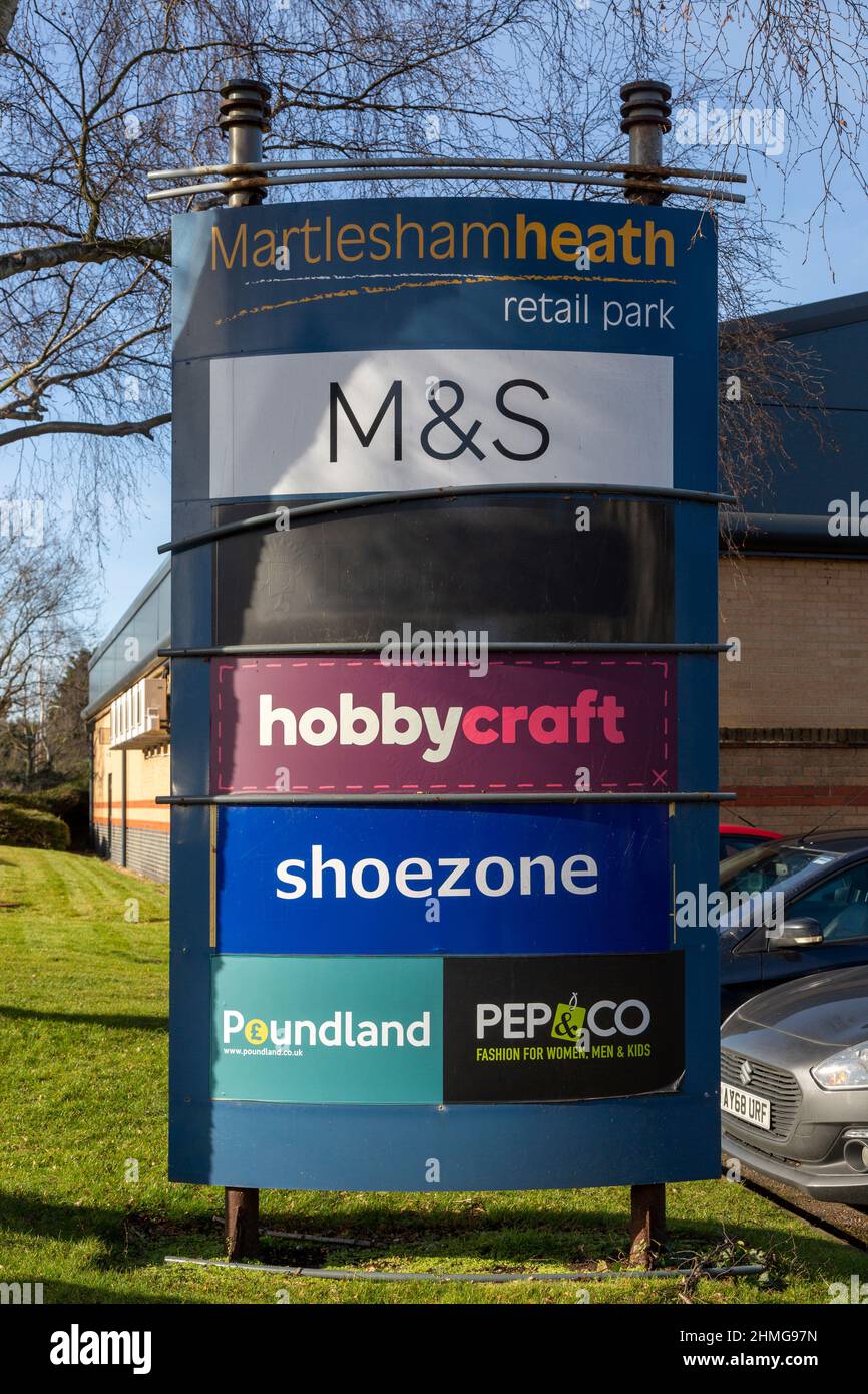 Martlesham Heath Retail Park sign , Martlesham, Suffolk, England, UK Stock Photo