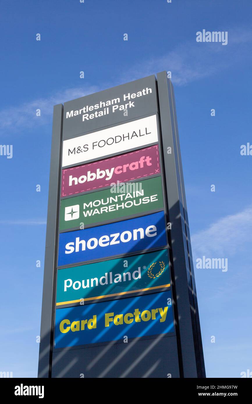 Martlesham Heath Retail Park sign against blue sky, Martlesham, Suffolk, England, UK Stock Photo