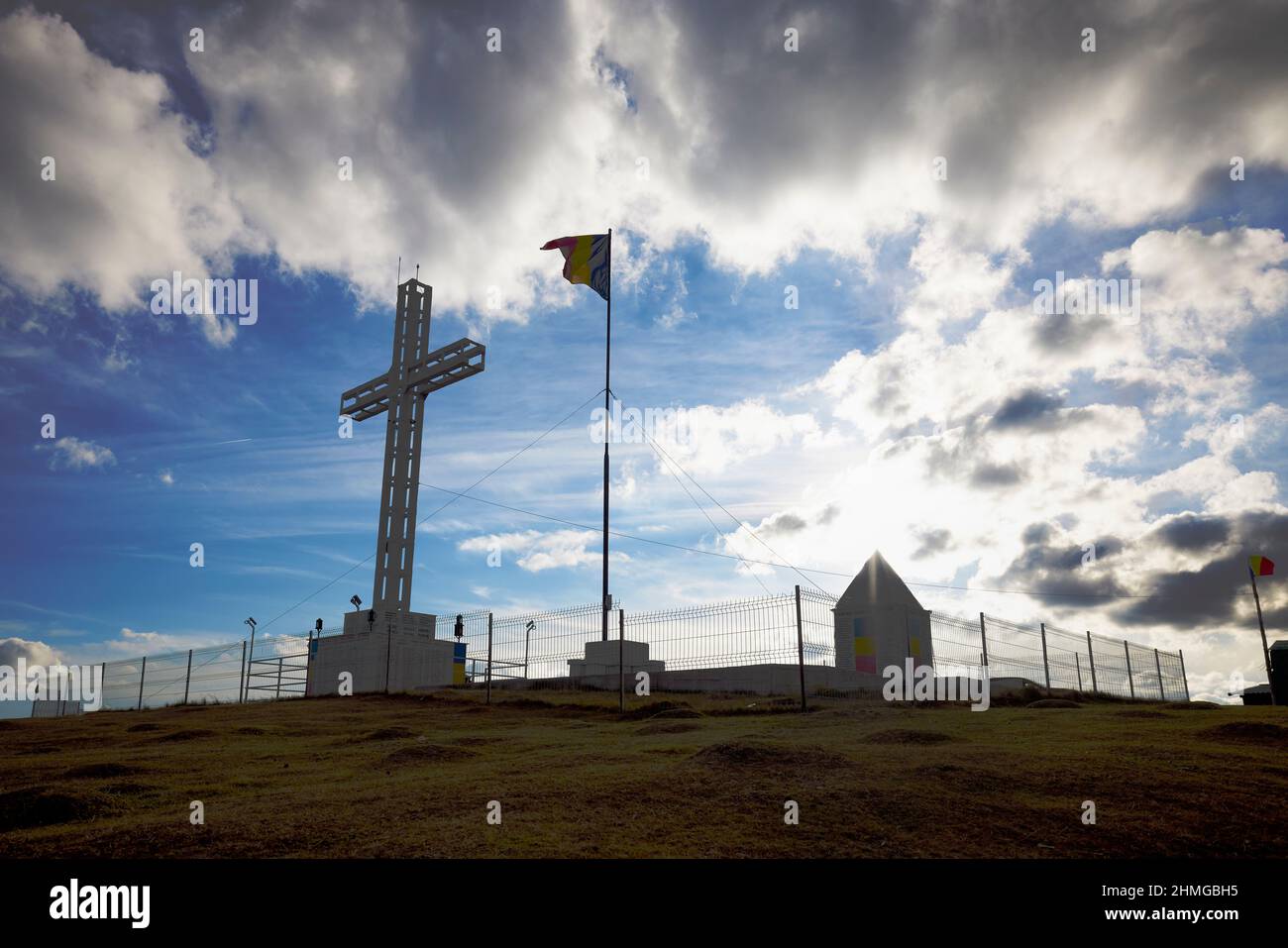a large cross built in honor of the heroes who fell in World War II in Runcu Romania Stock Photo