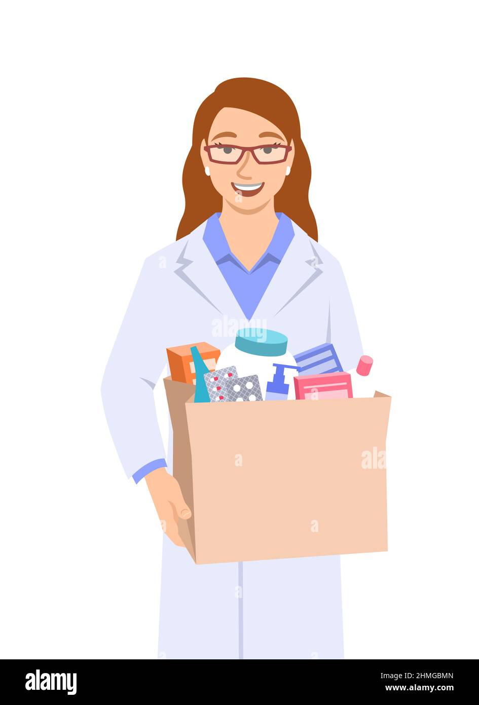 Young woman pharmacist in white coat holding paper bag with medicines and other goods bought in a pharmacy. Female drugstore seller gives the order to Stock Vector