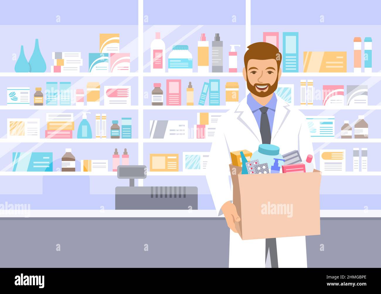 Young man pharmacist in white coat stands in front of shelves with medicines in drugstore holding paper bag with drugs bought in a pharmacy. Friendly Stock Vector