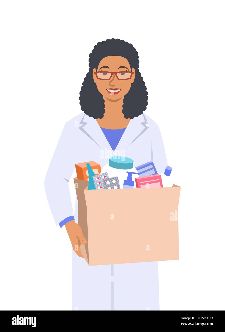 Young black woman pharmacist in white coat holds paper bag with medicines and other goods bought in a pharmacy. Female drugstore seller gives the orde Stock Vector