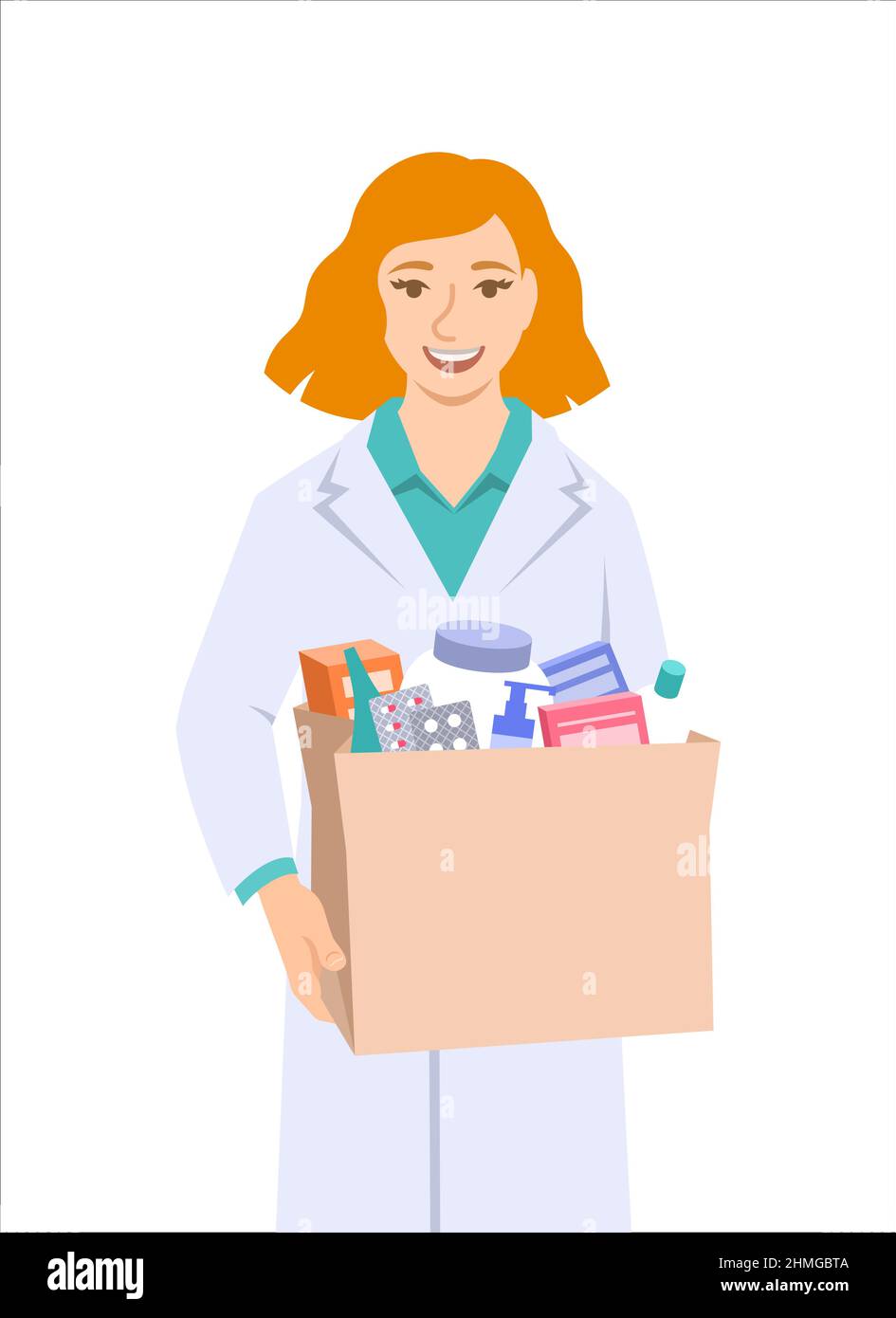 Young woman pharmacist in white coat holding paper bag with medicines and other goods bought in a pharmacy. Female drugstore seller gives the order to Stock Vector