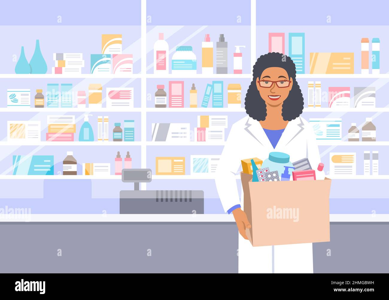 Black woman pharmacist in white coat stands in front of shelves with medicines in drugstore holding paper bag with drugs bought in a pharmacy. Female Stock Vector