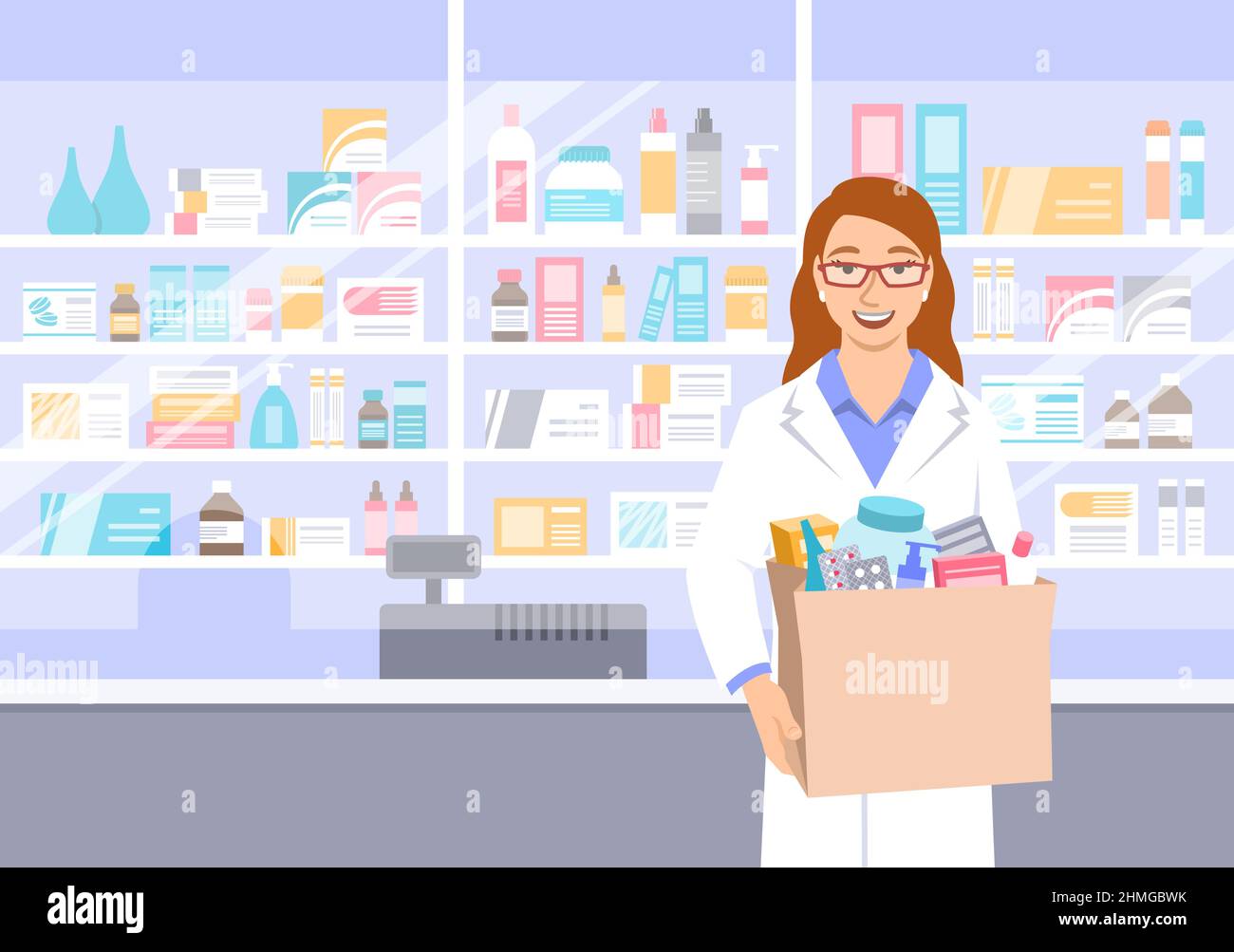 Young woman pharmacist in white coat stands in front of shelves with medicines in drugstore holding paper bag with drugs bought in a pharmacy. Female Stock Vector