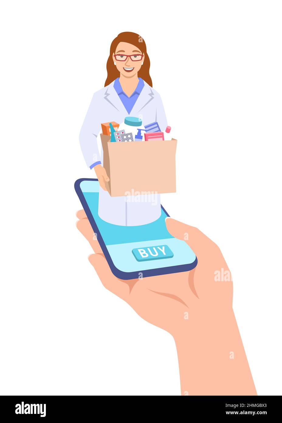 Young woman pharmacist in white coat holding paper bag with drugs bought in a drugstore online. Customer makes an order using mobile phone app and get Stock Vector
