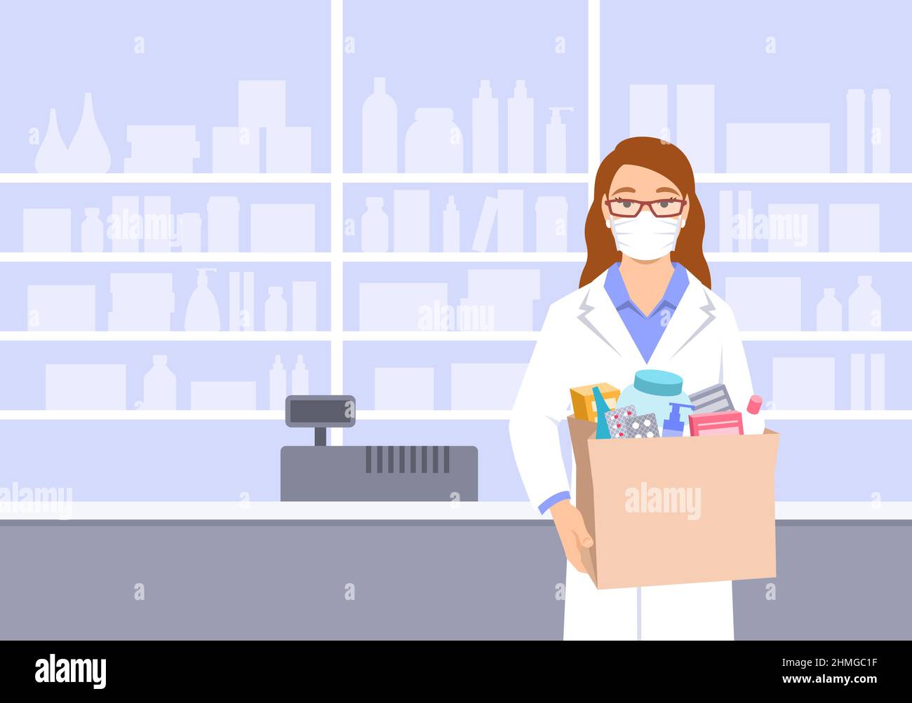 Young woman pharmacist in mask stands in front of shelves with medicines in drugstore holding paper bag with drugs bought in a pharmacy. Stock Vector
