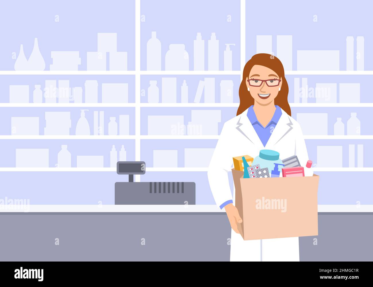 Young woman pharmacist in white coat stands in front of shelves with medicines in drugstore holding paper bag with drugs bought in a pharmacy. Stock Vector