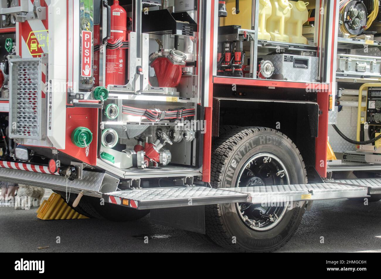 View into a fire department equipment trolley Stock Photo Alamy
