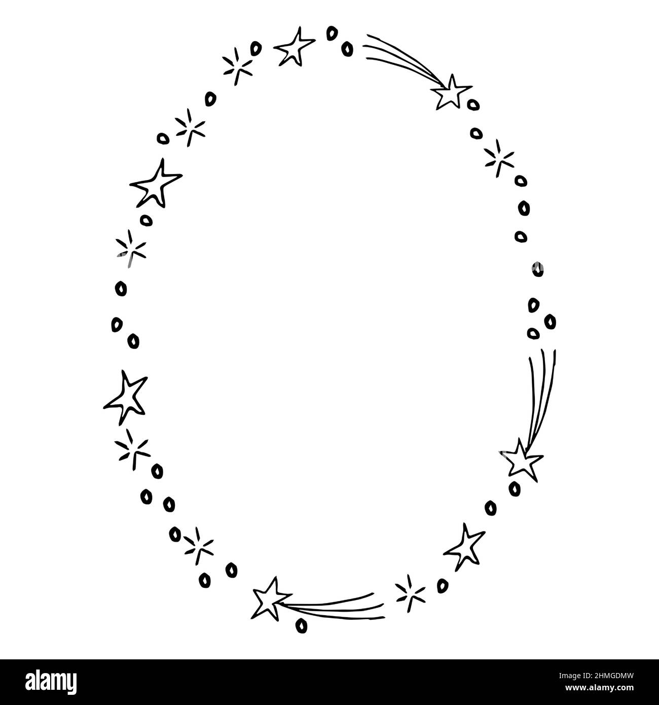 Border oval frame in simple style with stars, lines, circles isolated on white background. Doodle cute decoration. Vector illustration Stock Vector