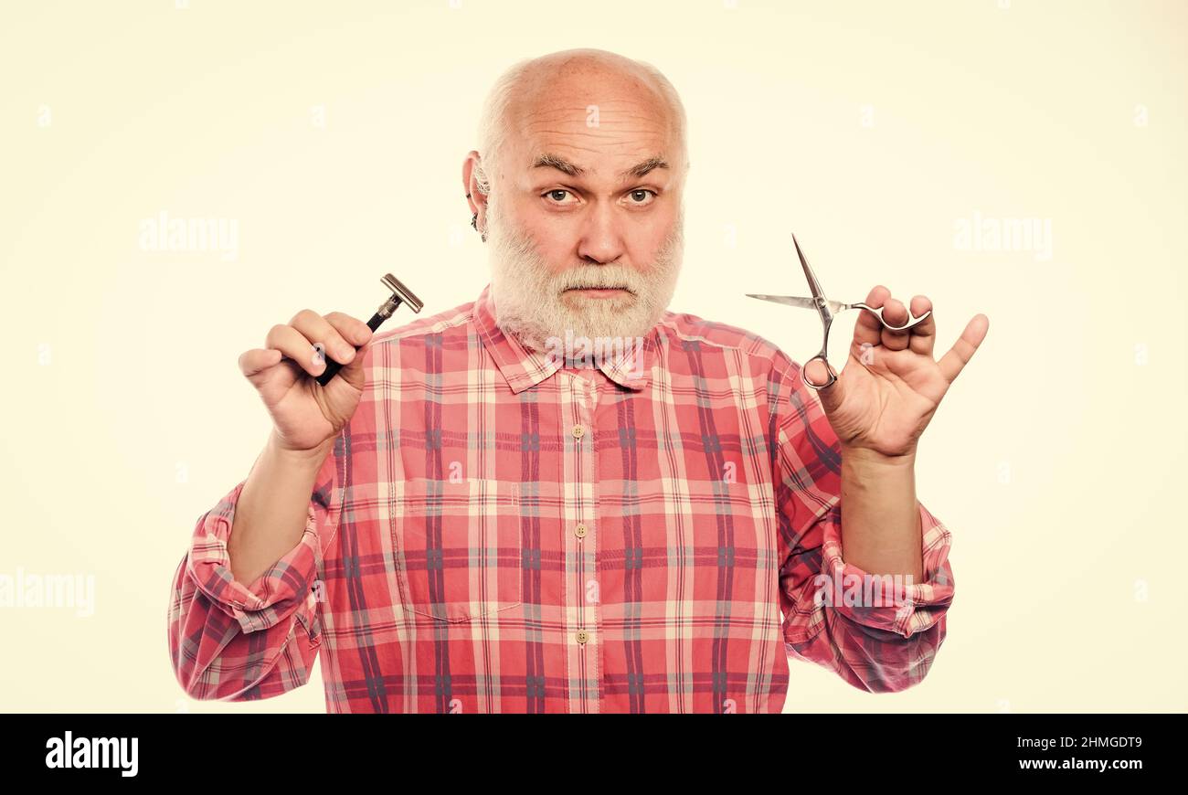 Cut beard facial hair. Cut or shave. Pick perfect length and shape of beard. Trimming beard and