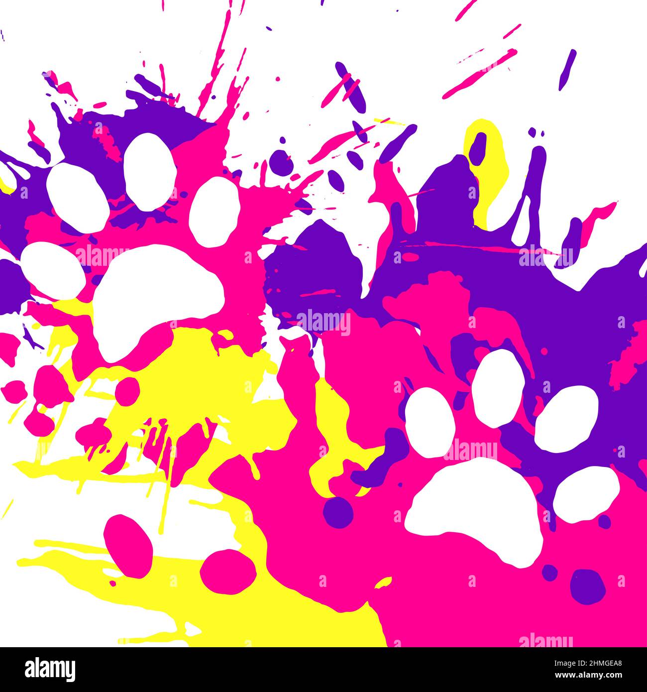 track of cat footprints smeared in bright paint. Animal paw prints on splashes of watercolor paint back. Horizontal banner vector isolated on white ba Stock Vector