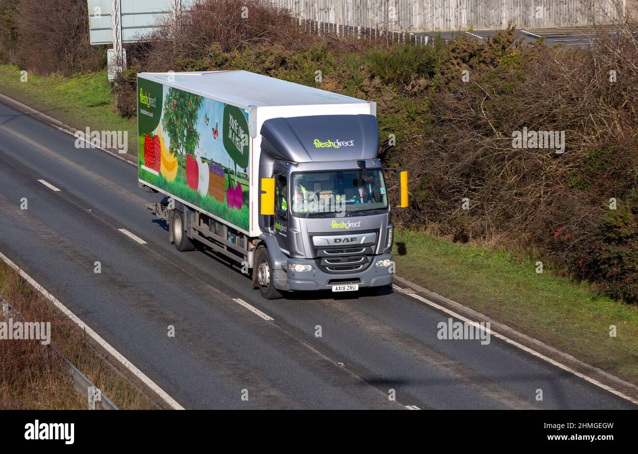 DAF heavy goods vehicle FreshDirect lorry on A12, Martlesham, Suffolk, England, UK Stock Photo