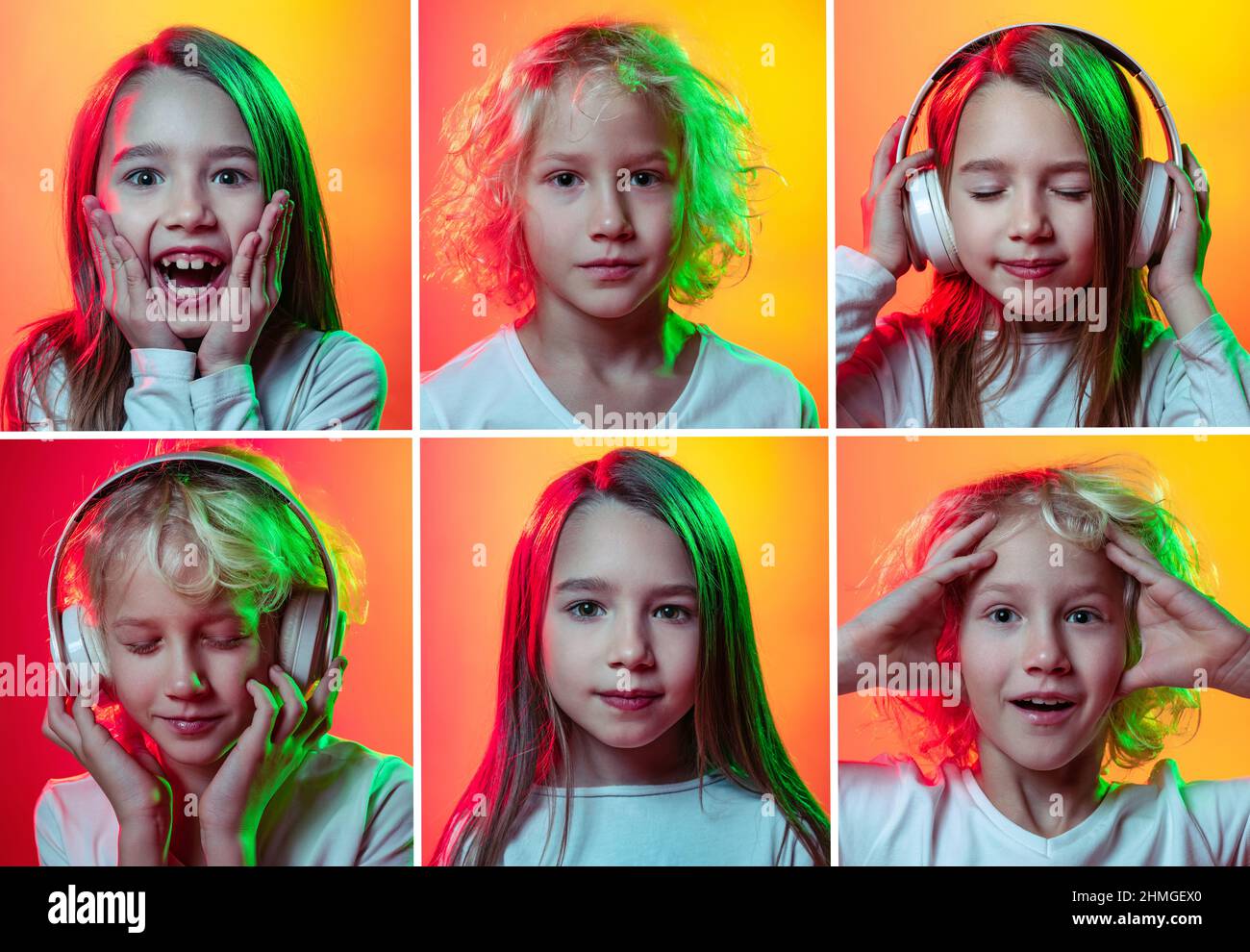 Set of portraits of little cute emotional kids, boy and girl isolated ...