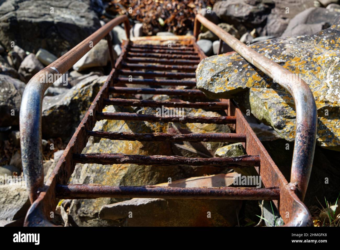 A ladder goes over rocks as it leads down a cliff to the beach below. Stock Photo