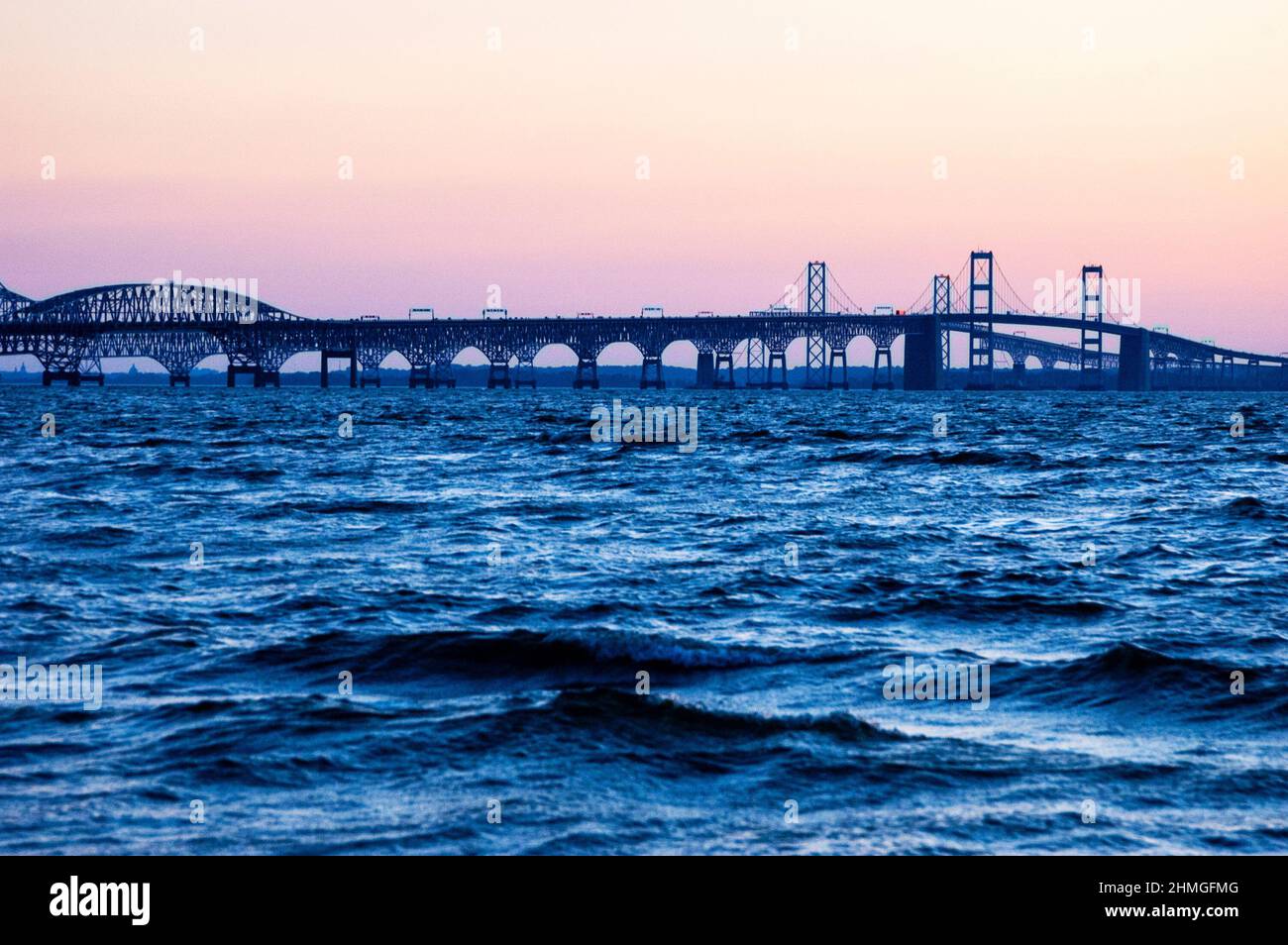 The Chesapeake Bay bridge is a major dual-span bridge in Maryland connecting the rural Eastern Shore with the urban Western. Stock Photo