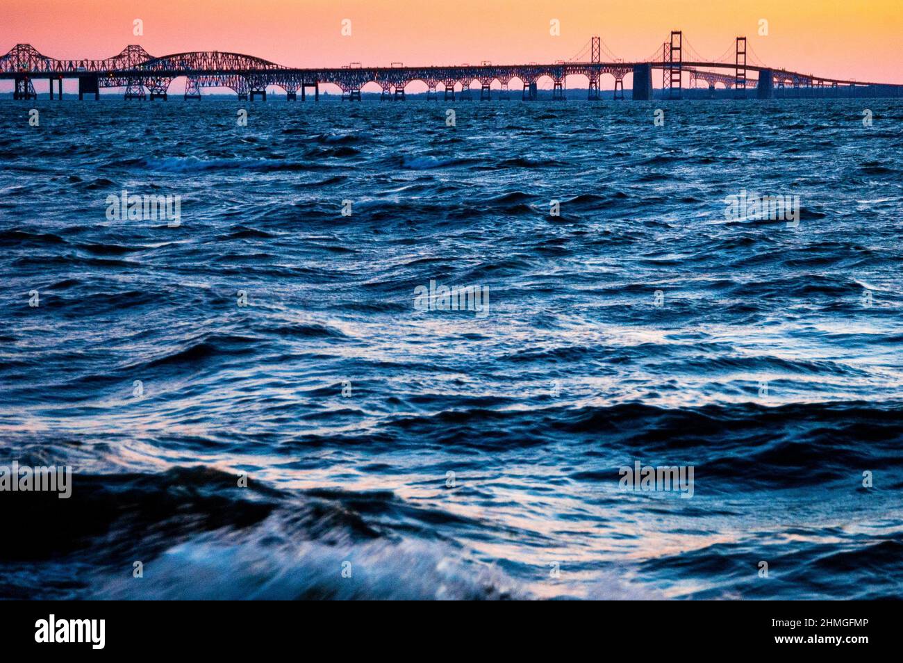 Chesapeake Bay spanned by the major dual-span Chesapeake Bay Bridges, Queen Anne's County, Maryland. Stock Photo