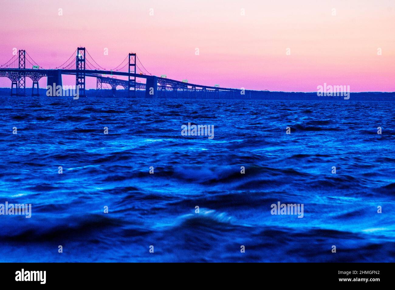 Chesapeake Bay and dual-span suspension Bay Bridges in Stevensville, Maryland. Stock Photo