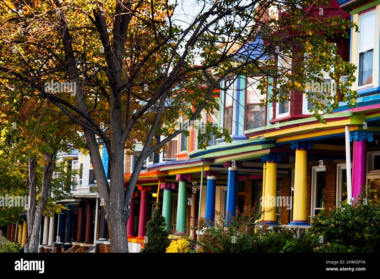 Brightly painted columns and capitals of the Charles Village