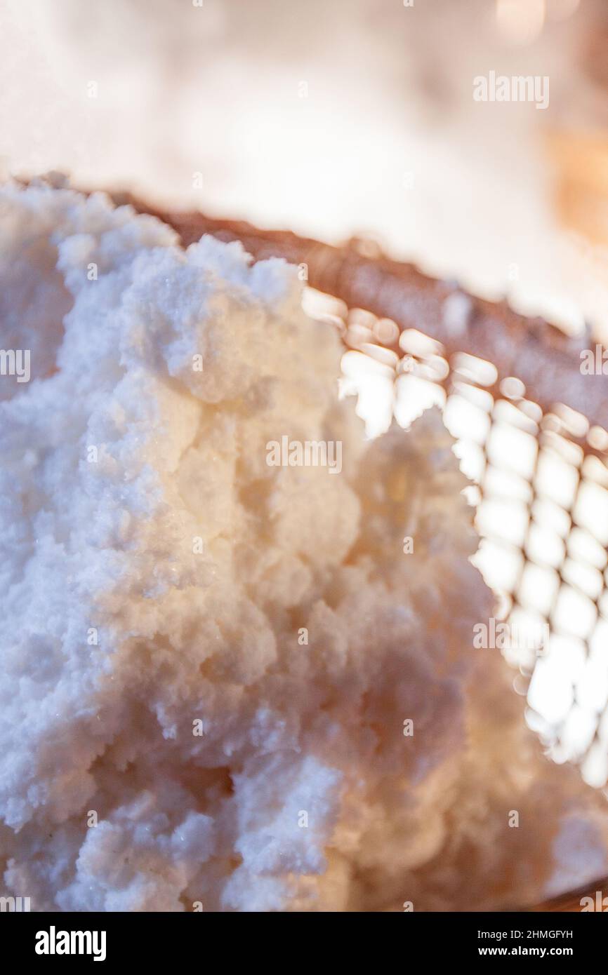 Pure rock salt in a bamboo basket. Ancient method of boiling brine into