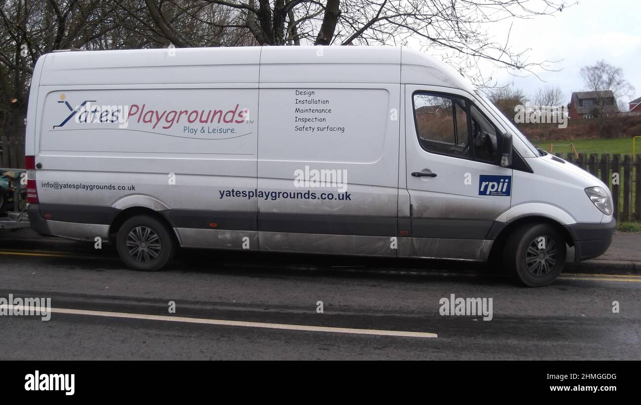 Yates playground delivery van. Yates specialising in playground equipment for outdoor play areas. Ormskirk, Lancashire, UK Stock Photo