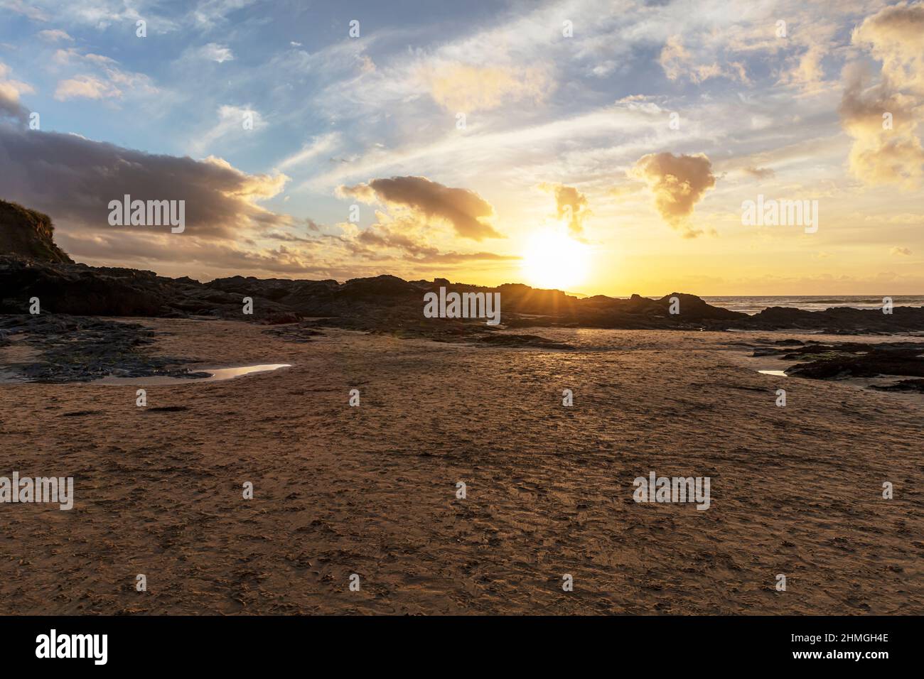 Hayle beach, Cornwall, UK, England, sunset, Hayle sunset, Cornwall sunset, beach, beach sunset, Cornish, Hayle, coast, coastal, sand, sandy, sea, Stock Photo