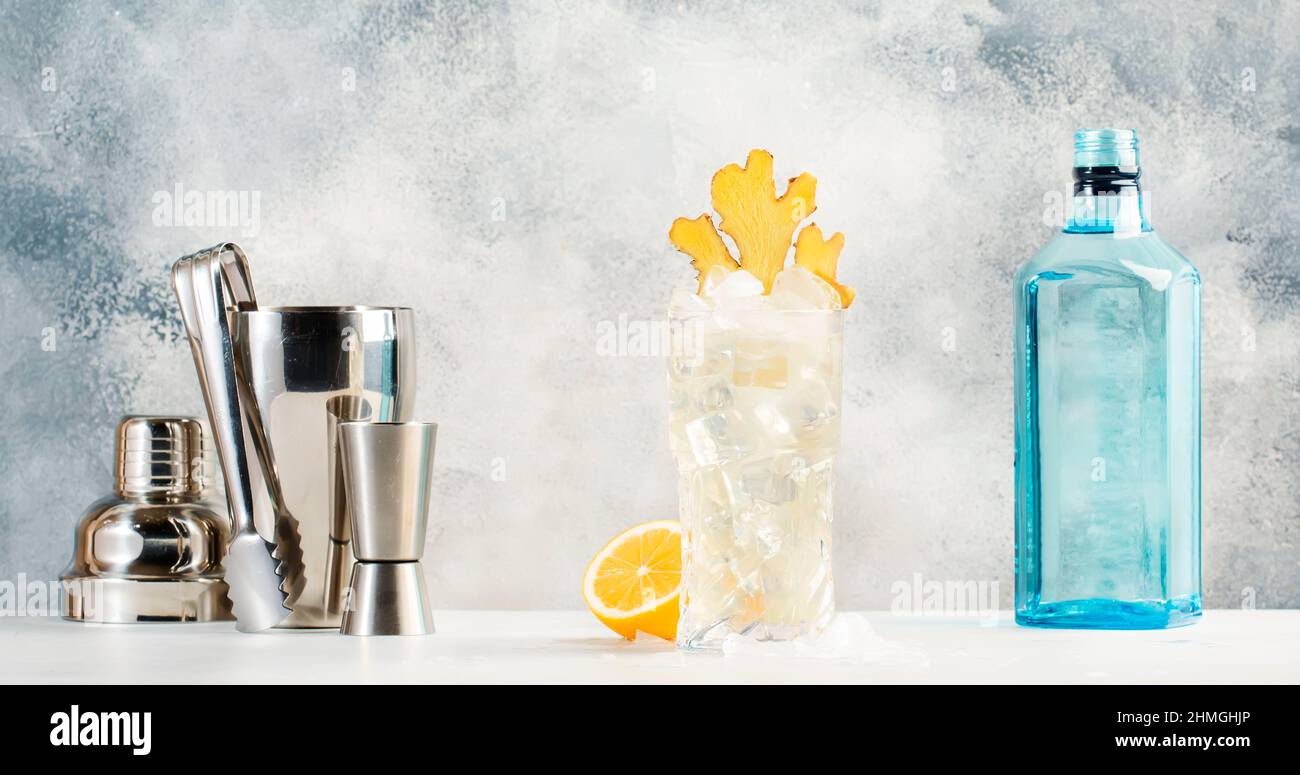 Gin mule trendy cocktail with dry gin, lemon juice, soda, lime and