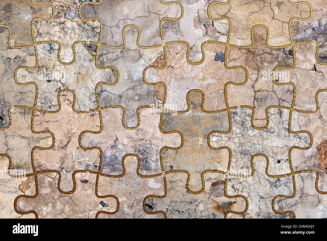 Old, faded and cracked wall puzzle collage with golden frames. Concrete, cement and golden wall pattern. Symmetric and abstract textured Background.  Stock Photo