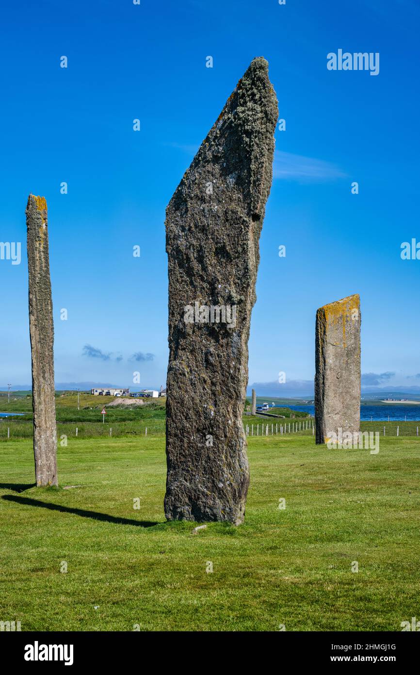 View of the Stones of Stenness looking north, with Loch of Harray in the background, Mainland Orkney, Scotland, UK Stock Photo