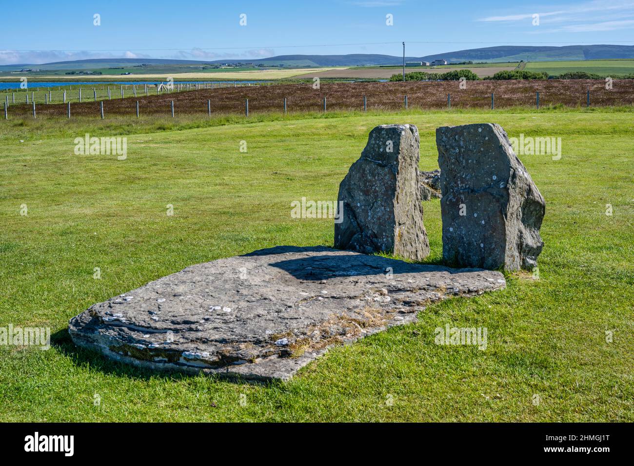 View of the hearth stone, which forms the focus of the Stones of Stenness, Mainland Orkney, Scotland, UK Stock Photo