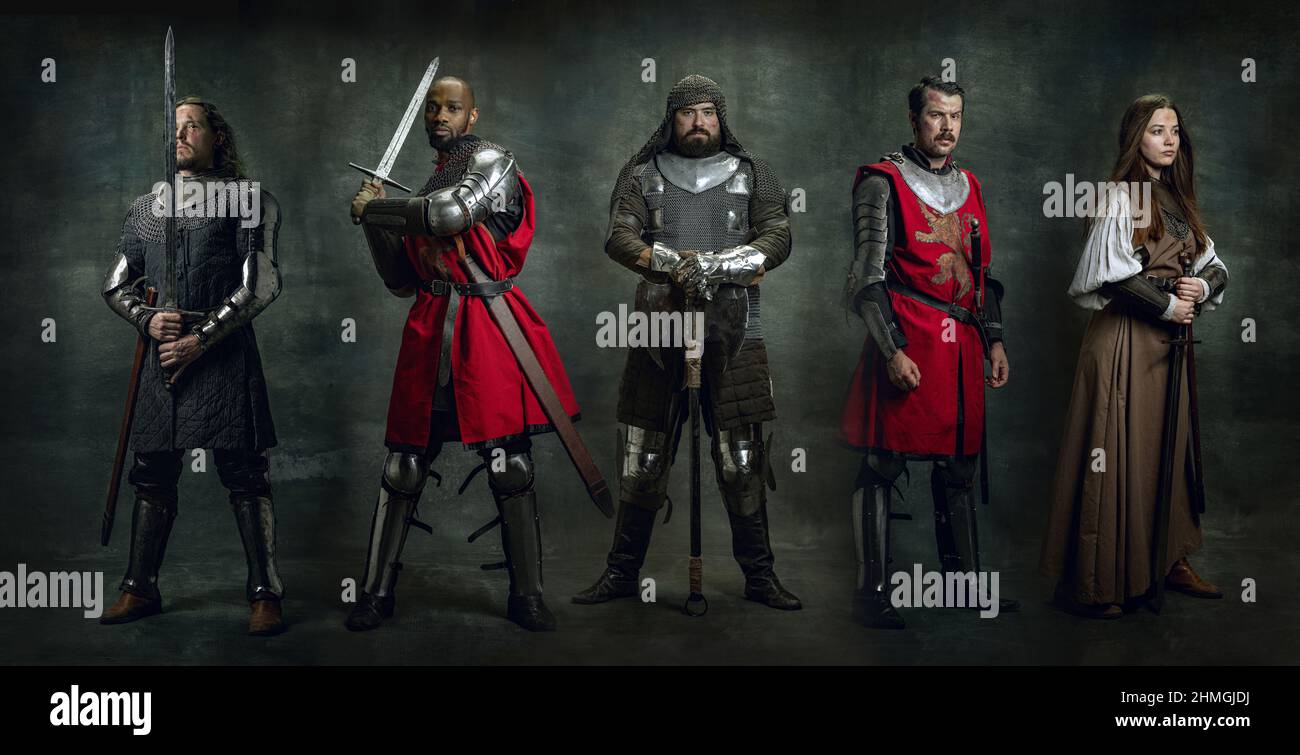 Creative art collage with brave serious medieval warriors and lady knight in armor clothes with wounded faces holding shield, sword isolated on Stock Photo